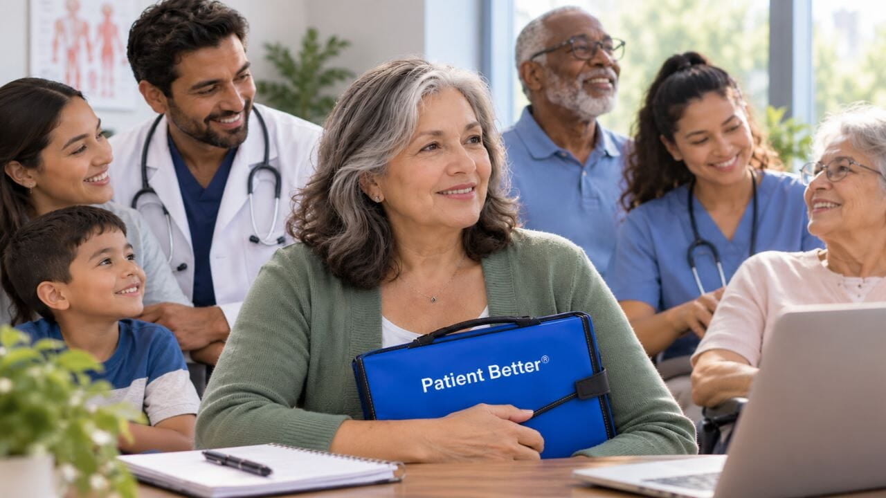 Patient Better® health consumer holding a Self-Health Manager while engaging with healthcare professionals and others in a supportive care setting.