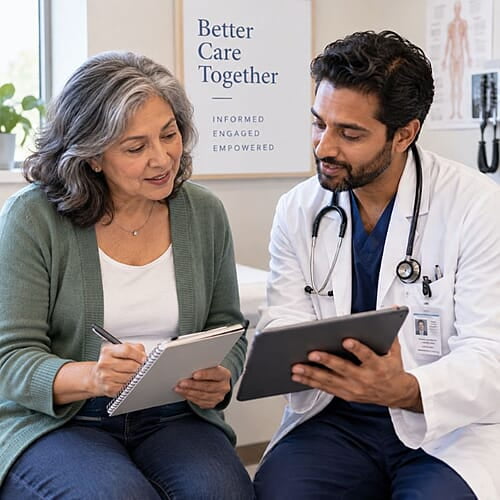 Woman using the Patient Better® Self-Health Manager to organize her health information and prepare for her care at home.
