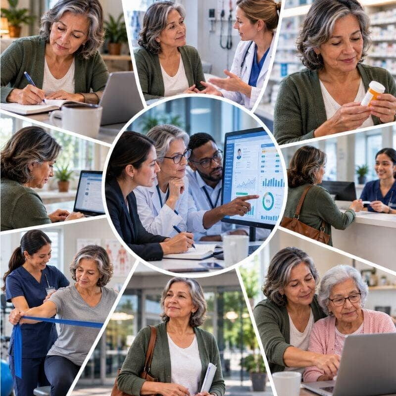 Older adults and caregivers participating in healthcare through medical appointments, care discussions, and at-home health management.