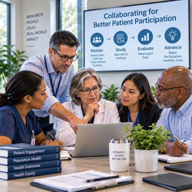 Healthcare researchers and clinicians collaborating on patient participation research, study design, and real-world healthcare outcomes.